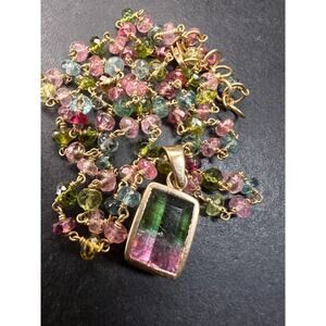 Vintage 14k & 18k gold watermelon tourmaline pendant necklace